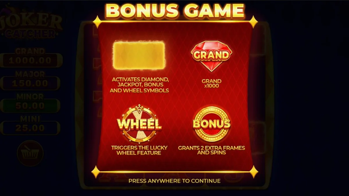 Tampilan antarmuka permainan slot Joker Catcher dengan simbol klasik dan fitur Catch Frames.