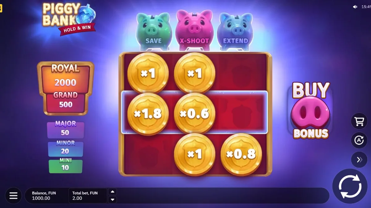 Tampilan visual slot Piggy Bank Hold & Win dengan tema babi dan koin emas