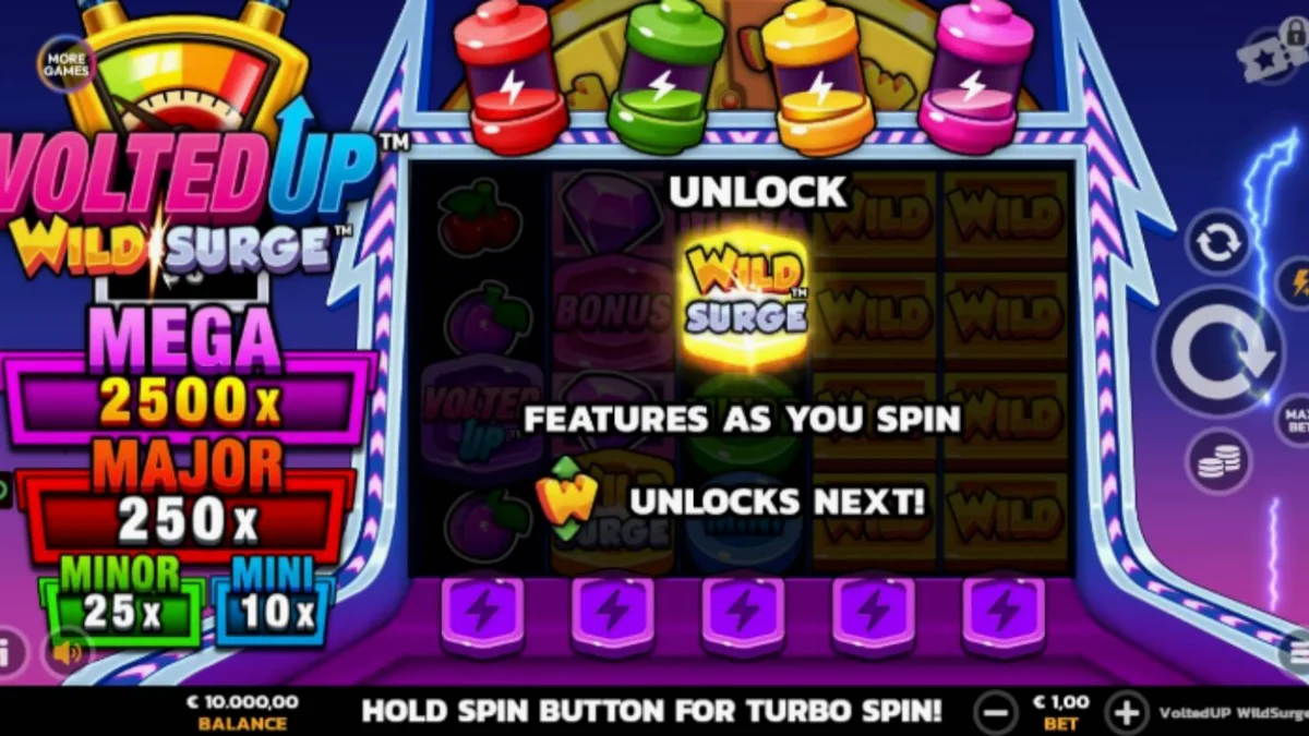 Tampilan antarmuka slot VoltedUP WildSurge di perangkat seluler dengan tema neon futuristik