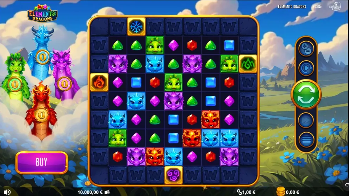Tampilan visual grid 9x9 pada slot Elemento Dragons dengan tema elemen naga